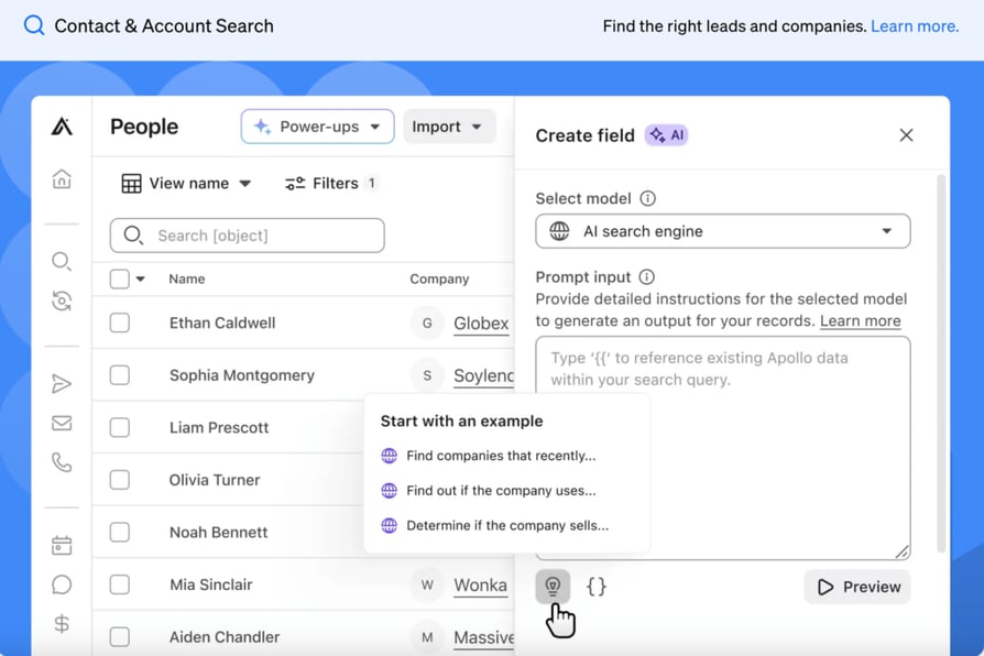  Image with a screenshot of Apollo’s contact and account search feature.