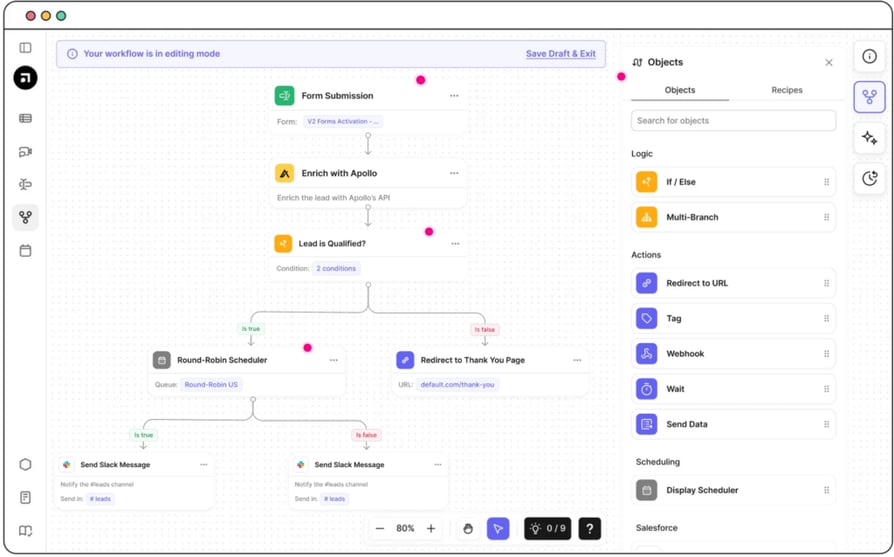 Screenshot from the Default app displaying a main workflow for lead routing.