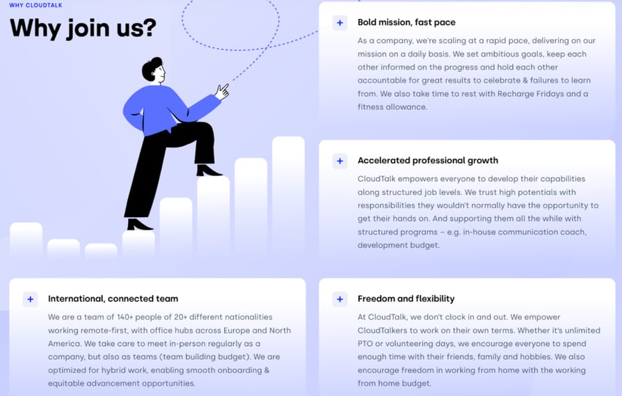 Screenshot of CloudTalk Careers Page highlighting selling points 