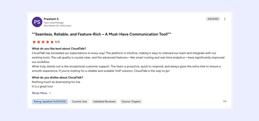 g2 cloudtalk review screenshot