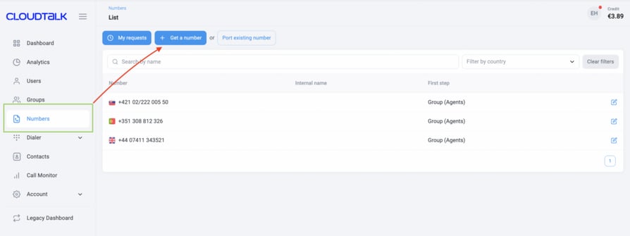 cloudtalk dashboard numbers tab get a number