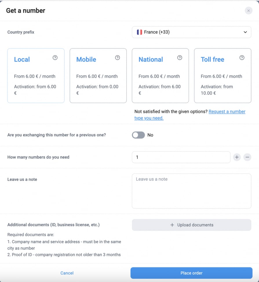 cloudtalk order form select country and number type