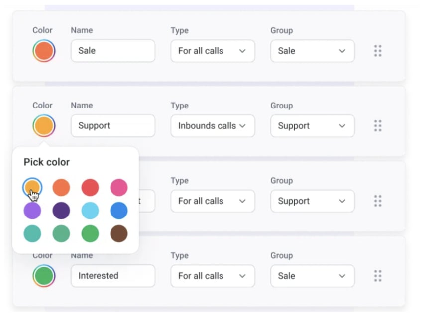 Screenshot of CloudTalk color coding for call tagging