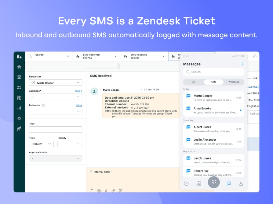Eingehende SMS protokolliert als Zendesk-Ticket mit Datum, Richtung, Nummern und Nachrichtentext, neben dem CloudTalk-Nachrichtenpanel