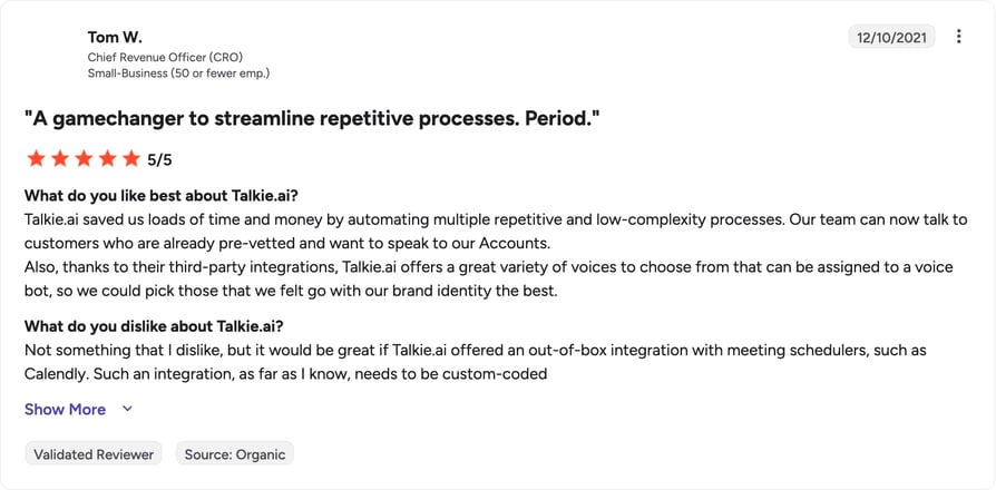 G2 review of Talkie.ai by Tom W.