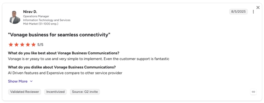vonage reviews and rating on g2