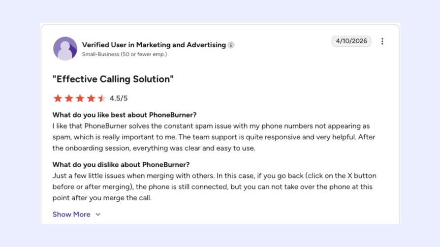 phoneburner review g2 screenshot