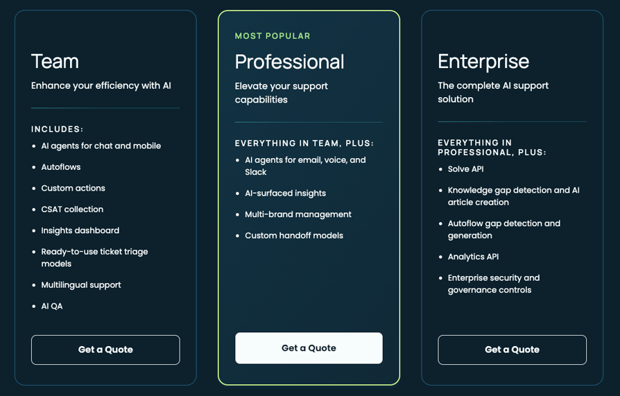 Forethought AI pricing page showing Team, Professional and Enterprise plans, each with a Get a Quote button instead of a price