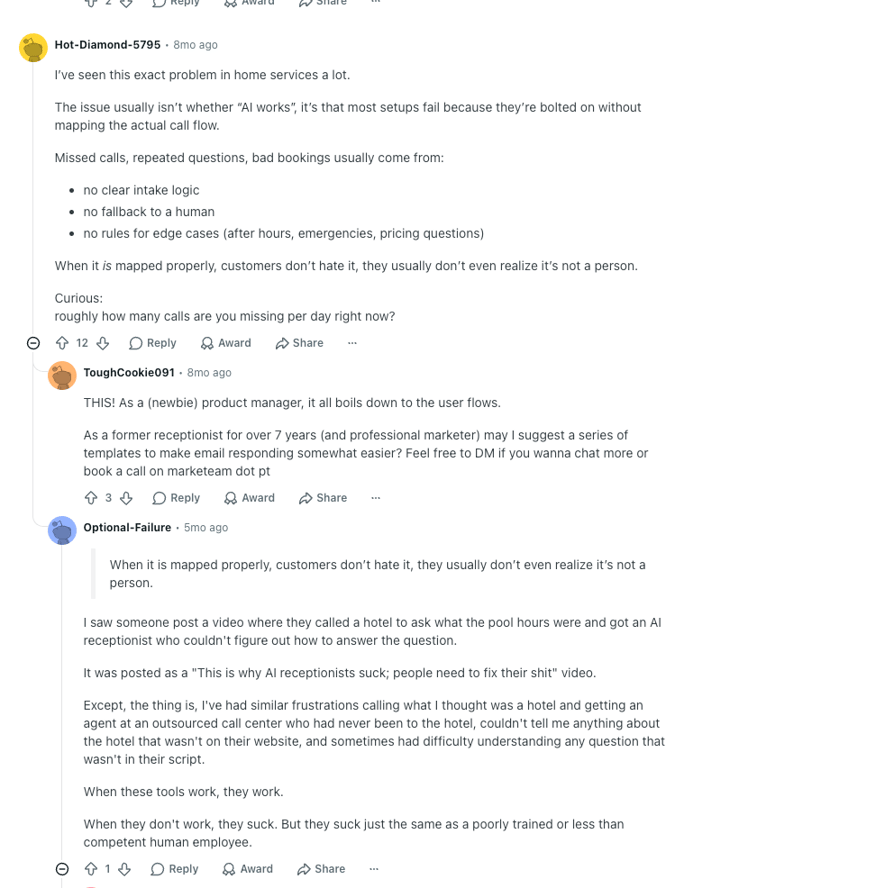 reddit thread about ai receptionist, and when they work and when they don't. they work when the setup and call flow is good. like with CloudTalk