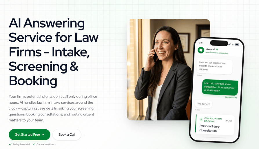 NextPhone AI receptionist homepage hero for law firms