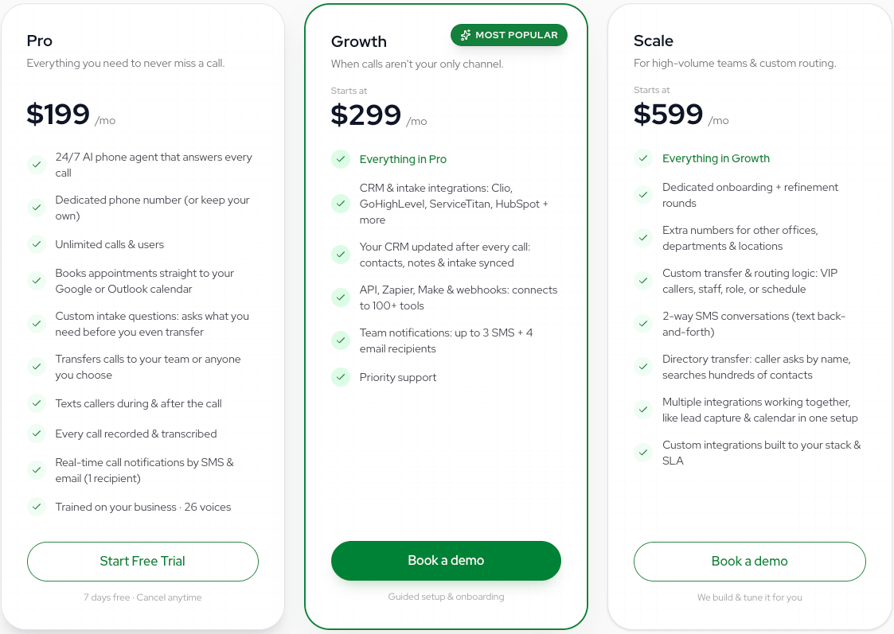 3-tier screenshot of nextphone ai pricing