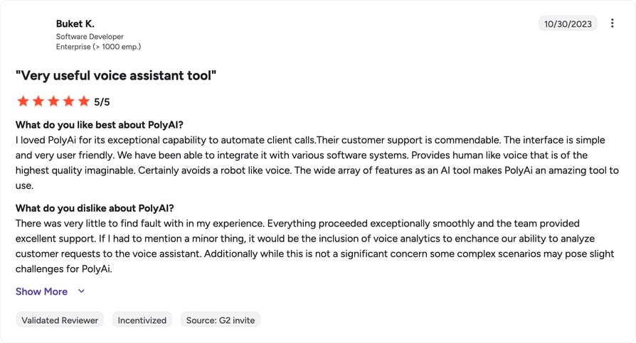 G2 review of PolyAI by Buket K.