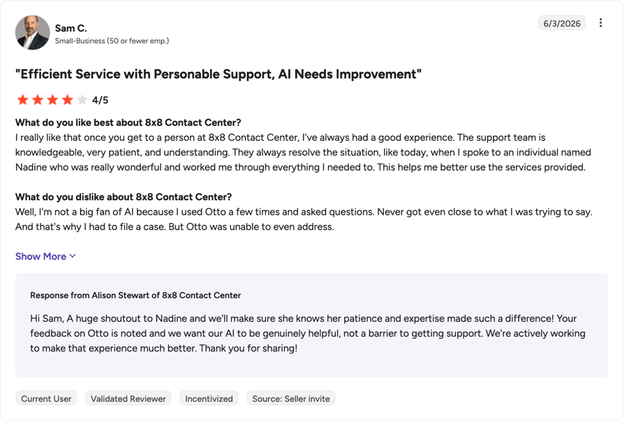 G2 review of 8x8 Contact Center by Sam C.