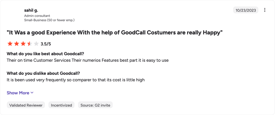 G2 review of Goodcall by sahil g.