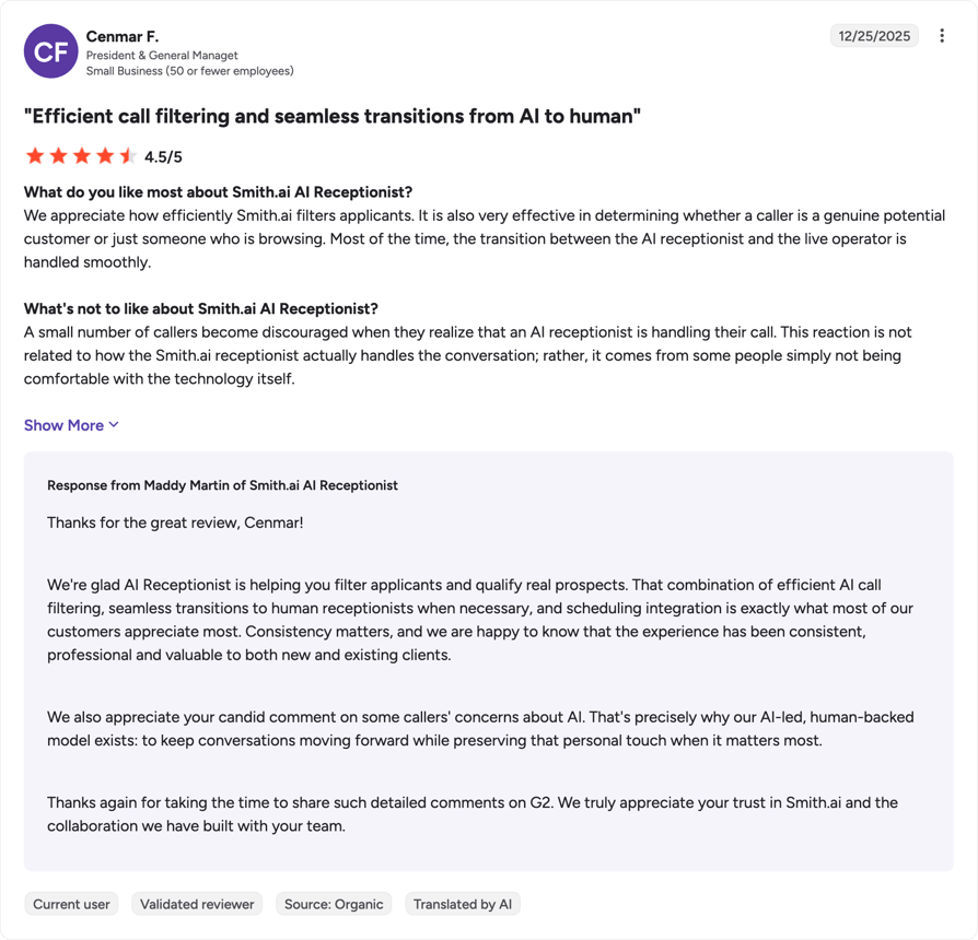 G2 review of Smith.ai AI Receptionist by CF