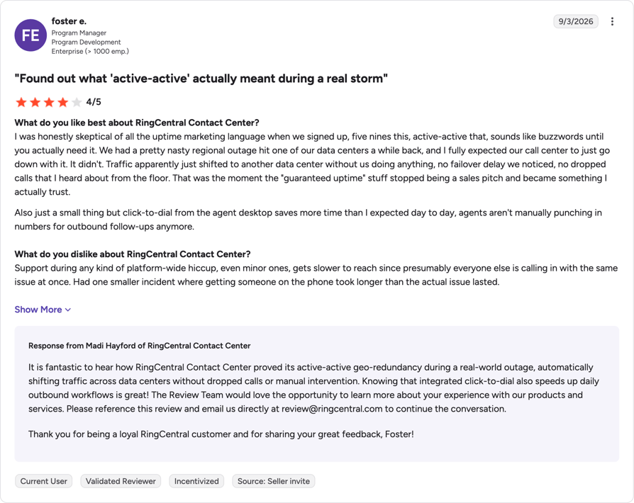 G2 review of RingCentral Contact Center by FE