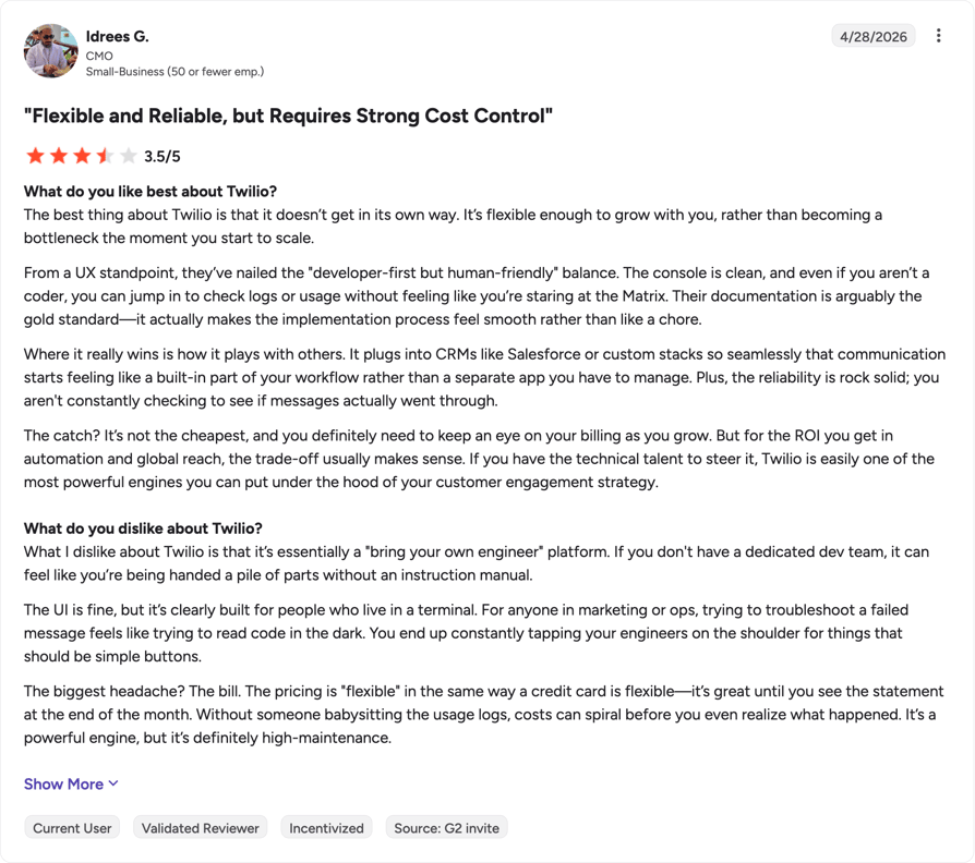 G2 review of Twilio by Idrees G.
