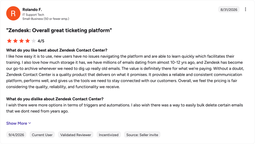 G2 review of Zendesk Contact Center by Rolando F.