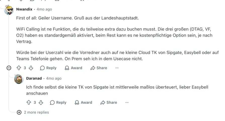 Commentaire Reddit r/de_EDV en allemand recommandant un petit système téléphonique cloud de sipgate ou Easybell, ou Teams, pour une PME multi-site, sans intérêt pour du sur site, avec une réponse jugeant l'offre sipgate trop chère et suggérant Easybell
