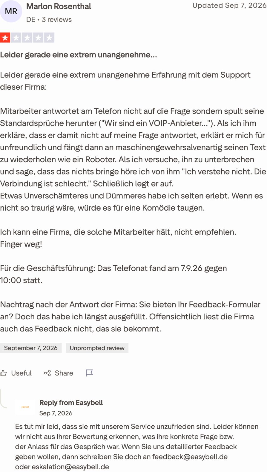 Avis Trustpilot sur Easybell en allemand du 7 septembre 2026, noté 1 sur 5, décrivant un appel au support où l'agent a répété des réponses toutes faites au lieu de répondre puis a raccroché, suivi de la réponse publique d'Easybell fournissant des adresses e-mail de retour et d'escalade