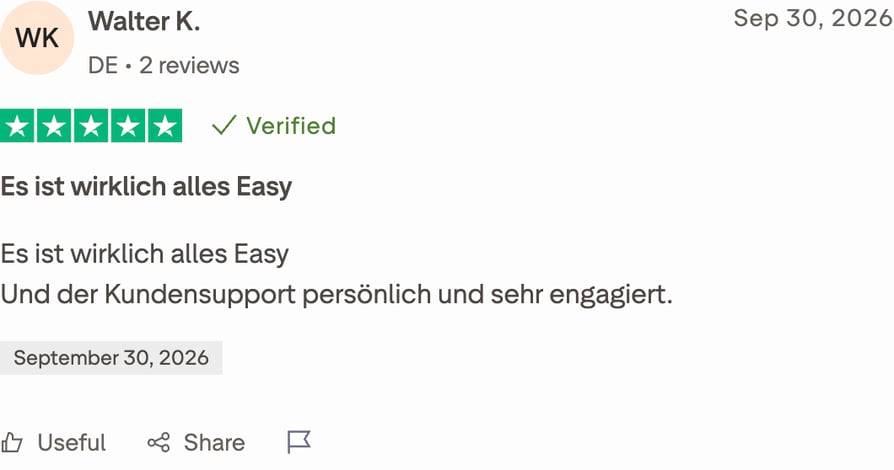 Avis Trustpilot sur Easybell en allemand du 30 septembre 2026, noté 5 sur 5, intitulé « Es ist wirklich alles Easy », louant un support client personnel et très engagé