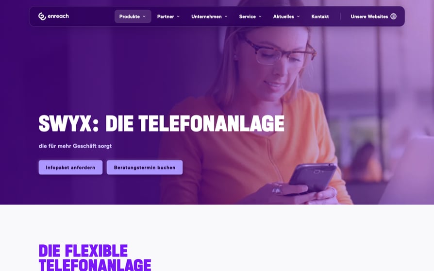 Page produit Enreach Swyx en allemand intitutlée SWYX: DIE TELEFONANLAGE, die für mehr Geschäft sorgt, avec des boutons pour demander une brochure d'information ou réserver un rendez-vous
