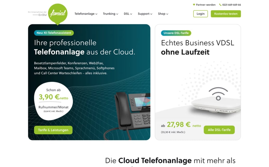 Page d'accueil de fonial en allemand intitulée Ihre professionelle Telefonanlage aus der Cloud, présentant les tableaux d'occupation, les conférences, Microsoft Teams et les files d'attente de centre d'appels comme inclus, avec un badge de prix à partir de 3,90 EUR HT par numéro et par mois et une offre VDSL professionnelle