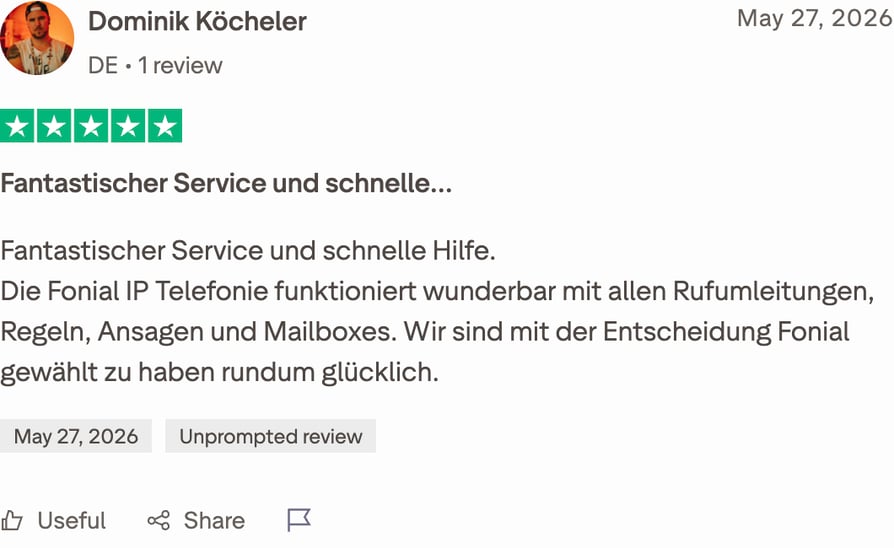 Avis Trustpilot sur fonial en allemand du 27 mai 2026, noté 5 sur 5, saluant la rapidité du service et indiquant que la téléphonie IP de fonial fonctionne très bien avec l'ensemble des renvois d'appels, règles, annonces et messageries vocales