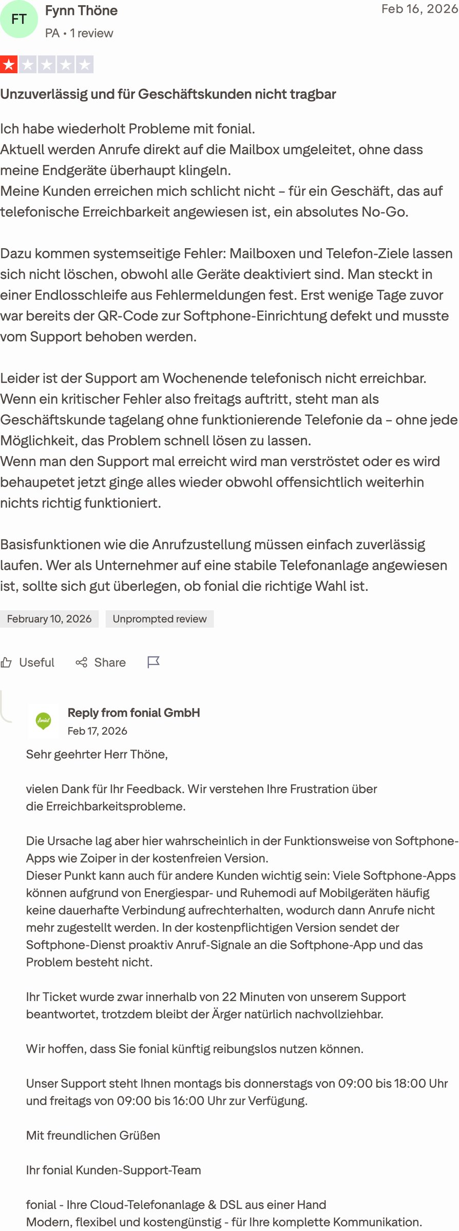 Avis Trustpilot sur fonial en allemand du 16 février 2026, noté 1 sur 5, intitulé Unzuverlässig und für Geschäftskunden nicht tragbar, signalant des appels basculant directement sur répondeur, des erreurs système et l'absence d'assistance téléphonique le week-end, suivi de la réponse publique de fonial