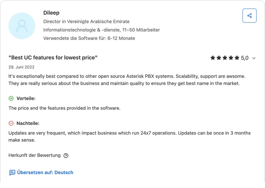 Capterra Germany review of Yeastar Cloud PBX rated 5.0 out of 5 from an IT services director in the United Arab Emirates, dated June 2022 and titled Best UC features for lowest price, praising price, features, scalability and support and saying very frequent updates disrupt businesses that run 24/7