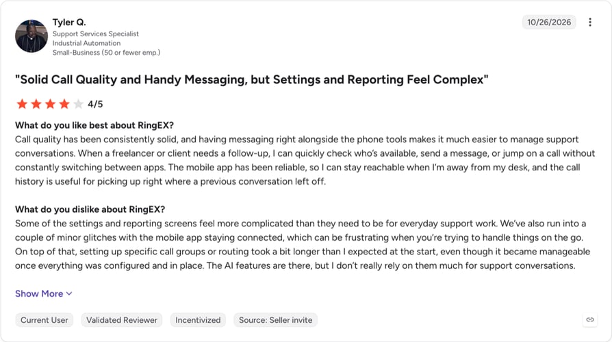 G2 review of RingCentral RingEX rated 4 out of 5 from a Support Services Specialist at a small industrial automation business, dated October 2026 and titled Solid Call Quality and Handy Messaging, but Settings and Reporting Feel Complex, praising call quality, built-in messaging and the mobile app