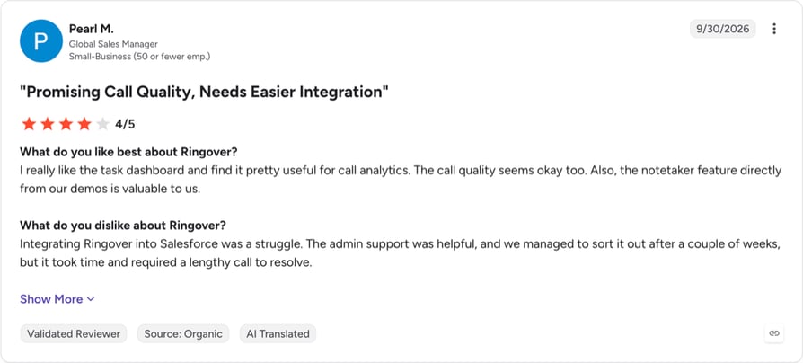 G2 review of Ringover rated 4 out of 5 from a Global Sales Manager at a small business, dated September 2026 and titled Promising Call Quality, Needs Easier Integration, praising the task dashboard and call analytics and saying the Salesforce integration took a couple of weeks to sort out