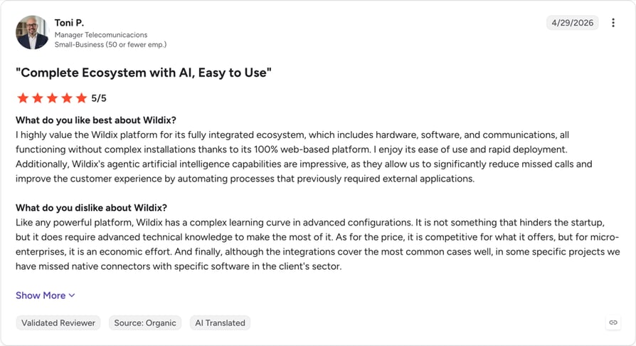 G2 review of Wildix rated 5 out of 5 from a telecommunications manager at a small business, dated April 2026 and titled Complete Ecosystem with AI, Easy to Use, praising the integrated web-based platform and AI features and noting a complex learning curve for advanced configuration