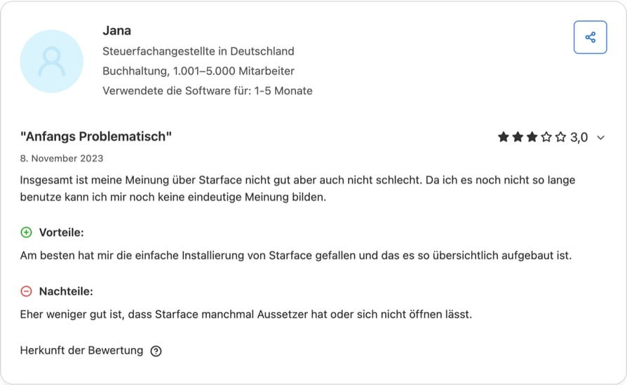 Capterra Germany review of STARFACE in German from November 2023, rated 3.0 out of 5 and titled Anfangs Problematisch, praising the easy installation and clear layout but noting that STARFACE sometimes drops out or will not open