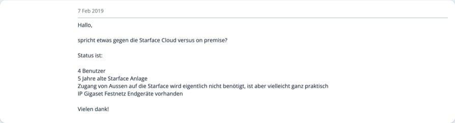 IP-Phone-Forum post in German from 7 February 2019 asking whether anything speaks against STARFACE Cloud versus on-premise, for four users on a five-year-old STARFACE system with Gigaset IP phones