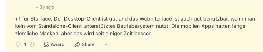 Reddit r/de_EDV comment in German giving +1 for STARFACE, praising the desktop client and web interface and saying the mobile apps had problems for a long time but are improving