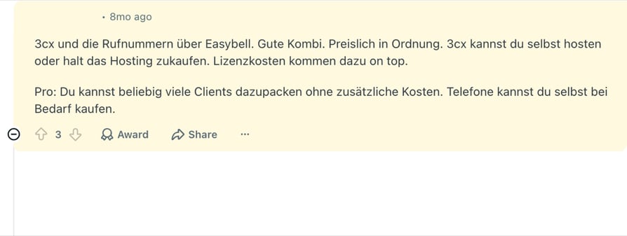 Commentaire Reddit r/de_EDV en allemand recommandant l'association de 3CX et des numéros Easybell, en précisant qu'il est possible de l'auto-héberger ou d'acheter l'hébergement, hors frais de licence