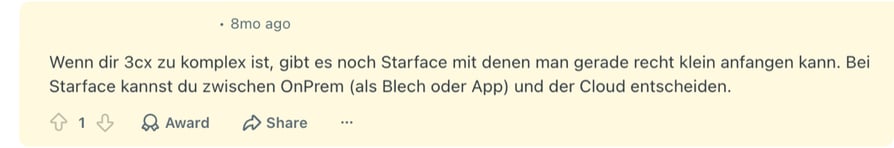 Reddit r/de_EDV comment in German suggesting STARFACE for teams that find 3CX too complex, noting you can start small and choose on-premise hardware, an app or the cloud