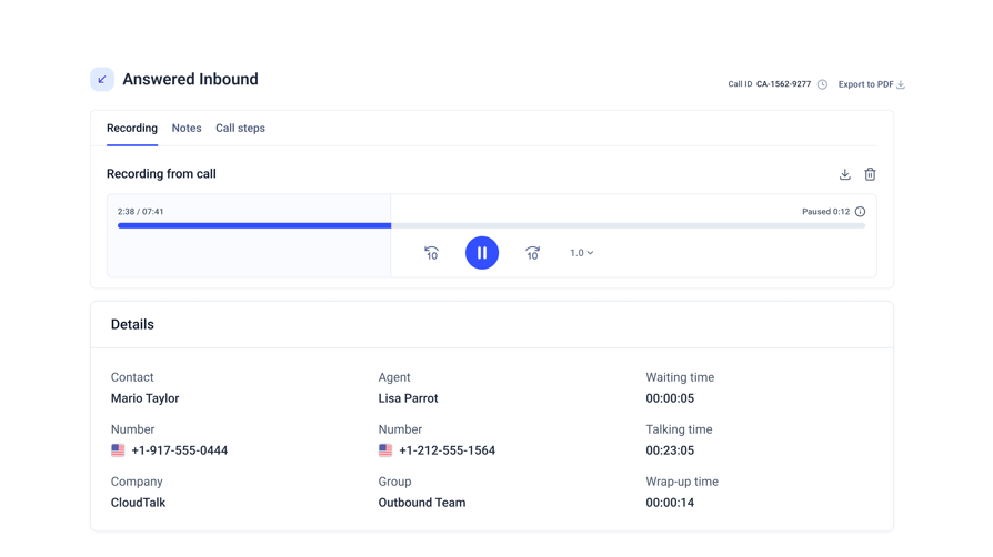 CloudTalk call recording on the call details page