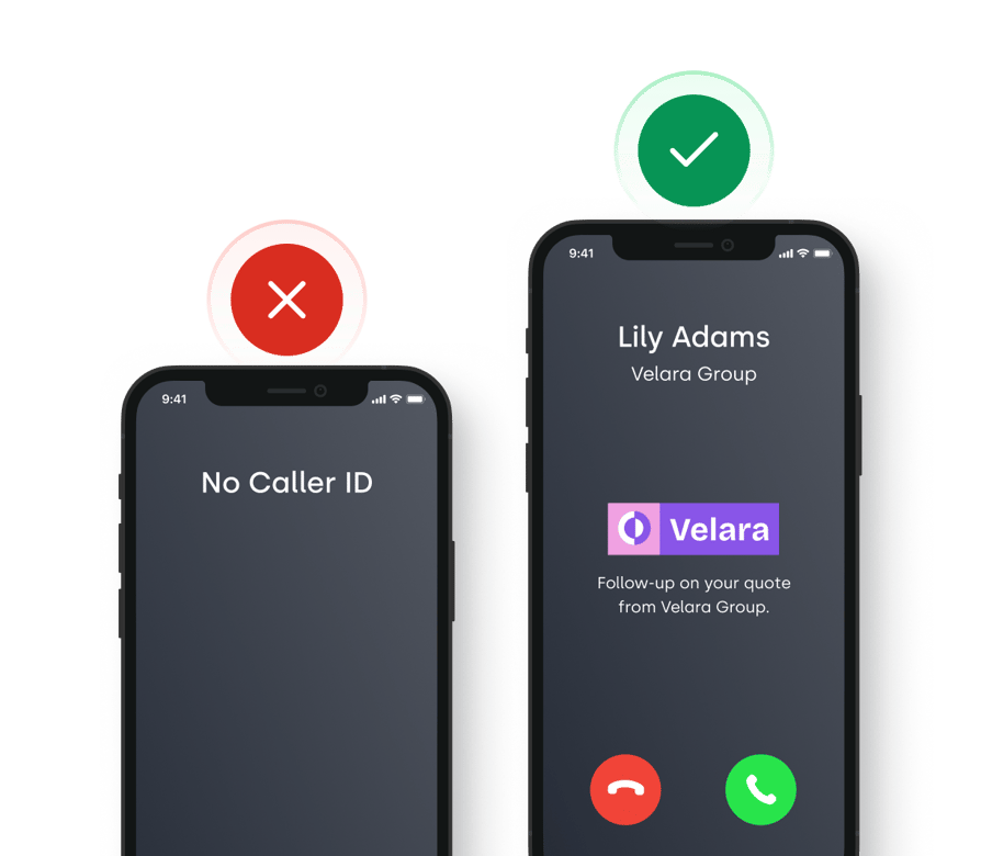 Incoming branded call showing a business name, logo, and reason for calling, next to a phone showing the business name only